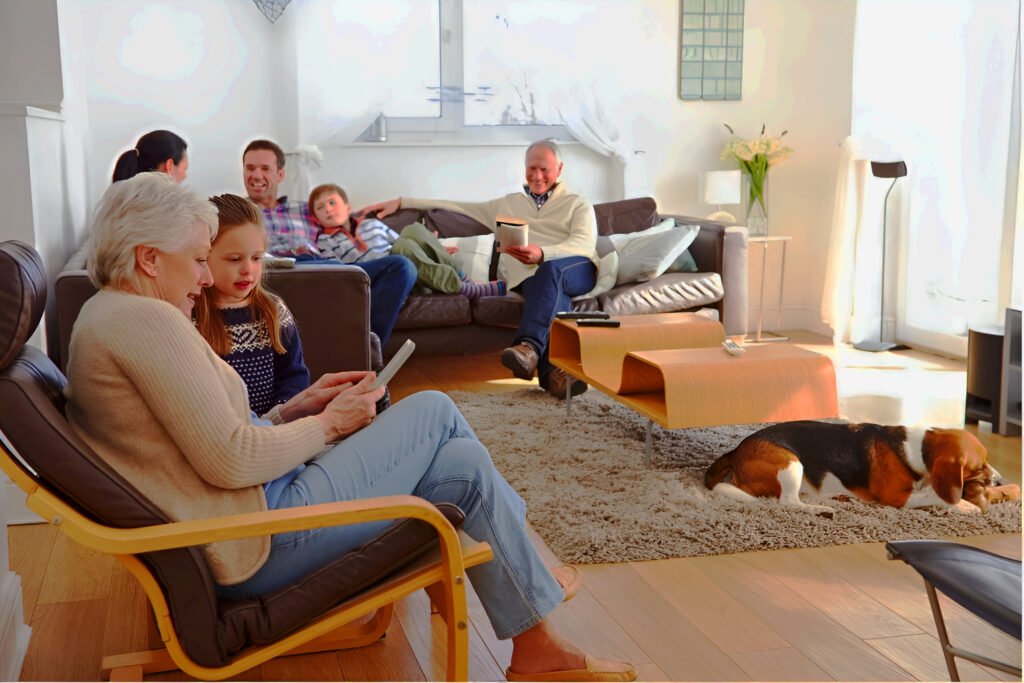 Happy Cleveland family sitting together in a cozy, climate-controlled living room