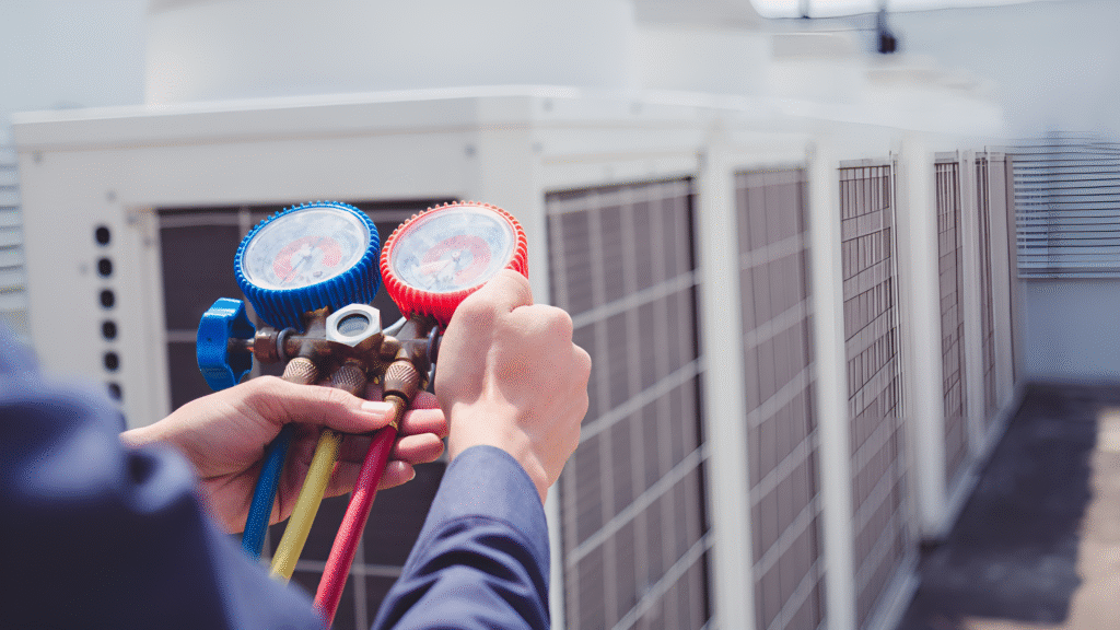 Certified HVAC technician using temperature device to inspect AC unit in Cleveland home